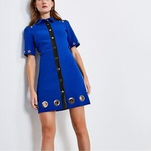 Karen Millen- NWT Blue Stretch Mini Dress w Silver Ring Cutout and Leather Trim